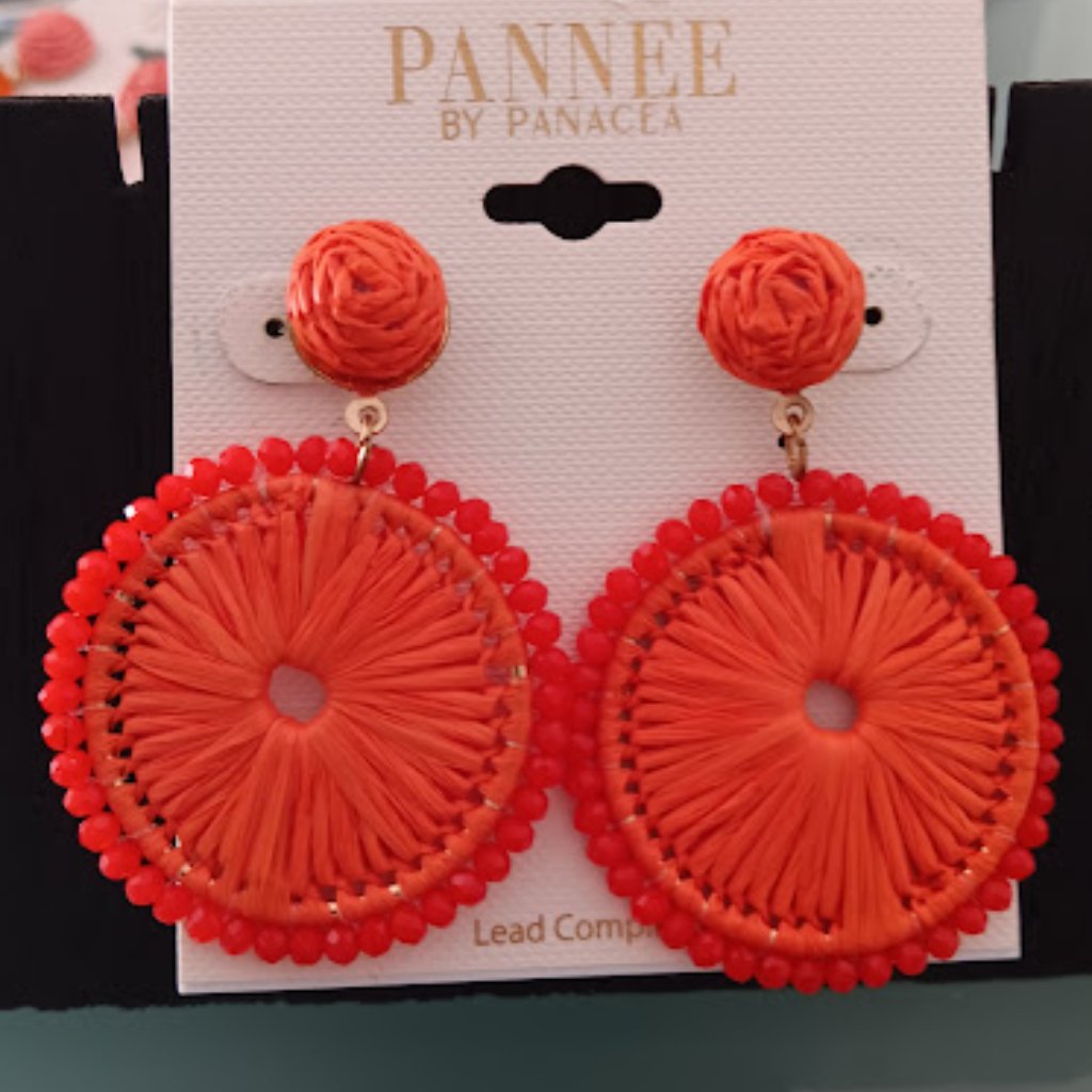 Pannee By Panacea Boho Chic Coral/Orange Rattan & Beaded Circle Drop Earrings